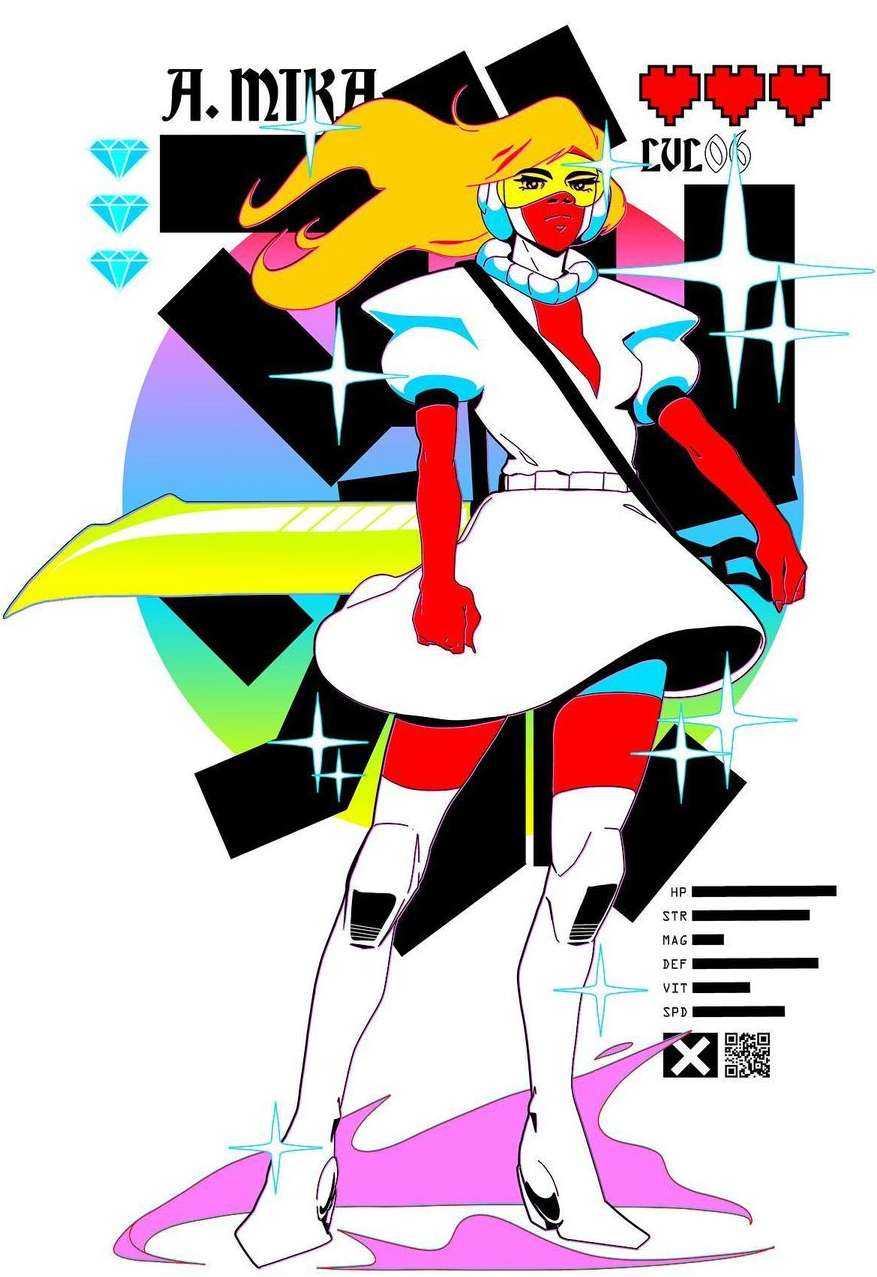 Illustration of a manga-style video game character, a female with blonde hair, wearing a white dress and leggings, with red and black accents.