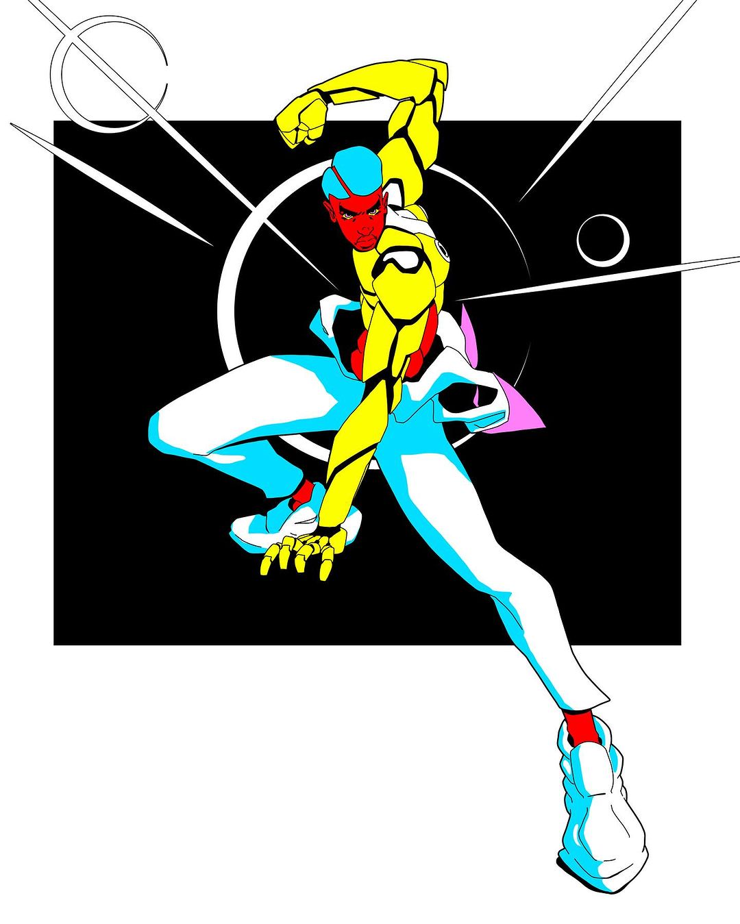Illustration of a superhero-like character with red skin, light blue hair, yellow armour, and white pants against a black and white background.