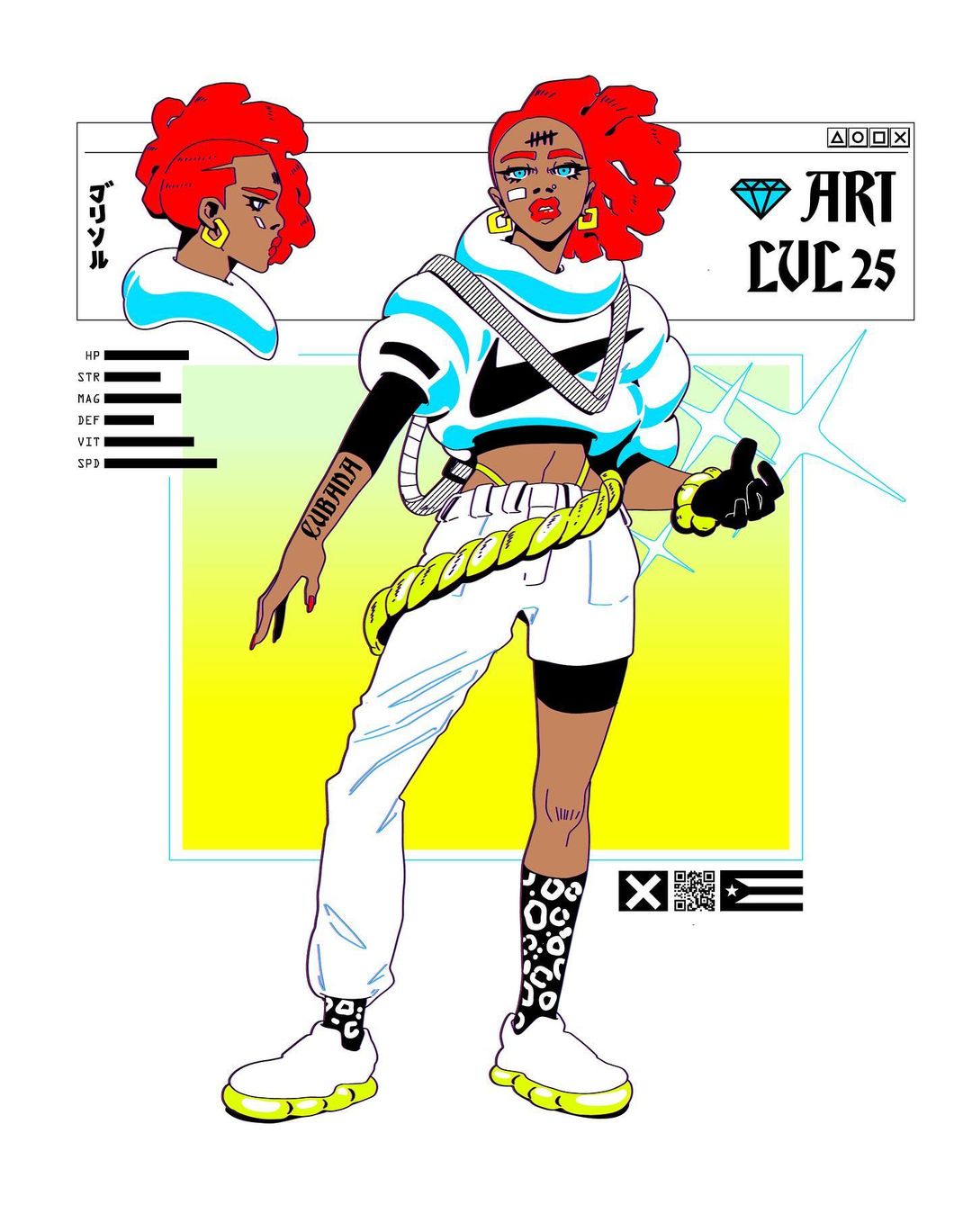 Illustration of a woman with red curly hair wearing a sporty outfit, in a vibrant and dynamic manga-inspired design on a white background.