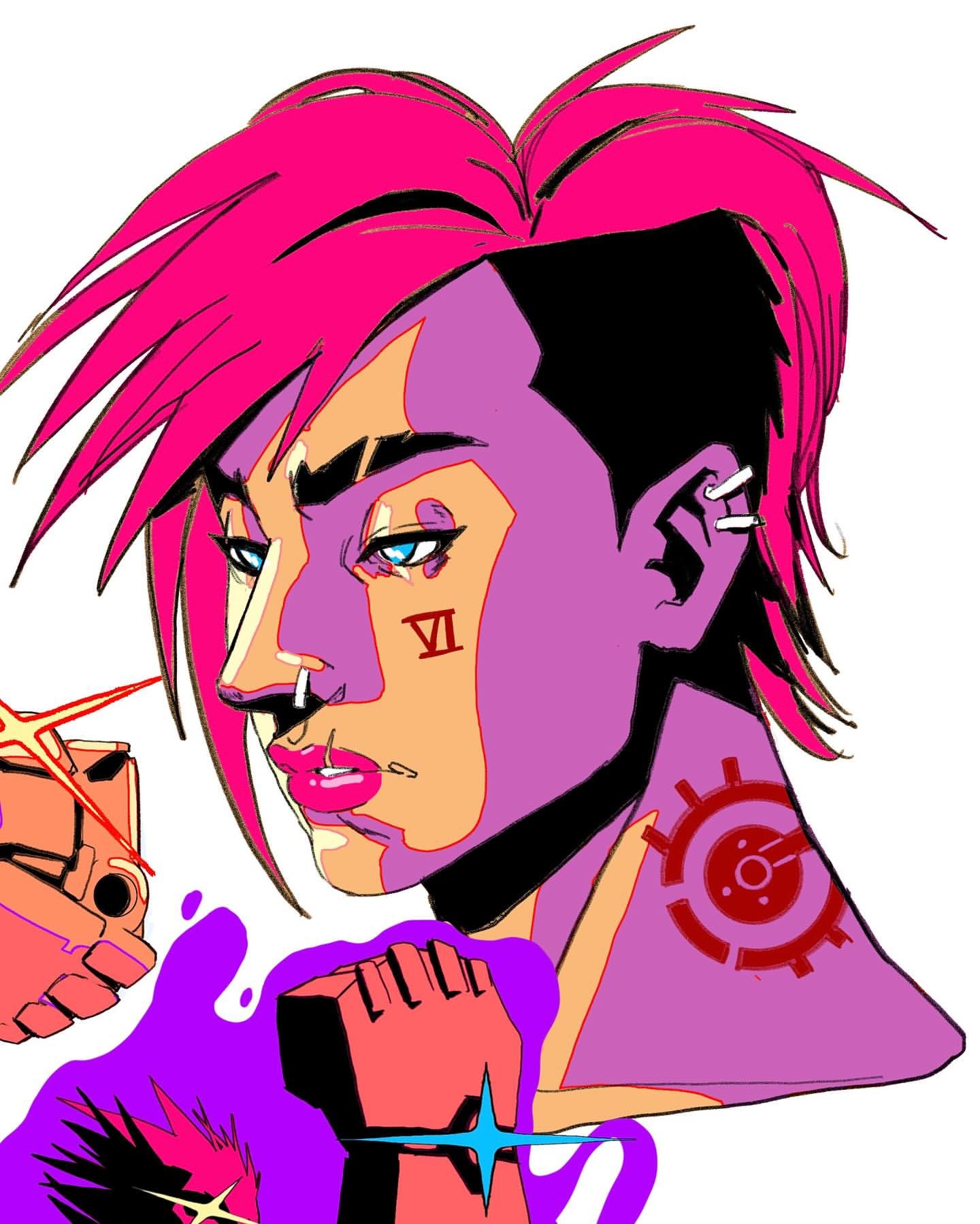 Illustration of a person with hot pink hair, fair skin, and stylized details, rendered in digital art with bold outlines and colors.