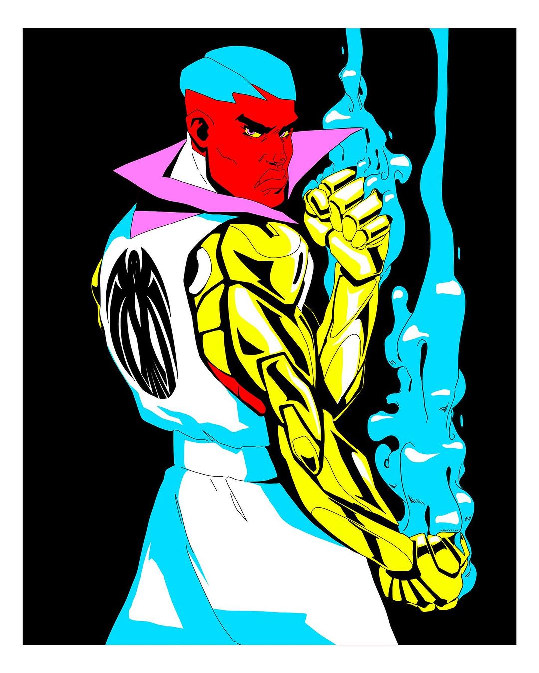 Illustration of a superhero figure with red skin, yellow arms, and blue hair standing in front of a black background with blue streaks.