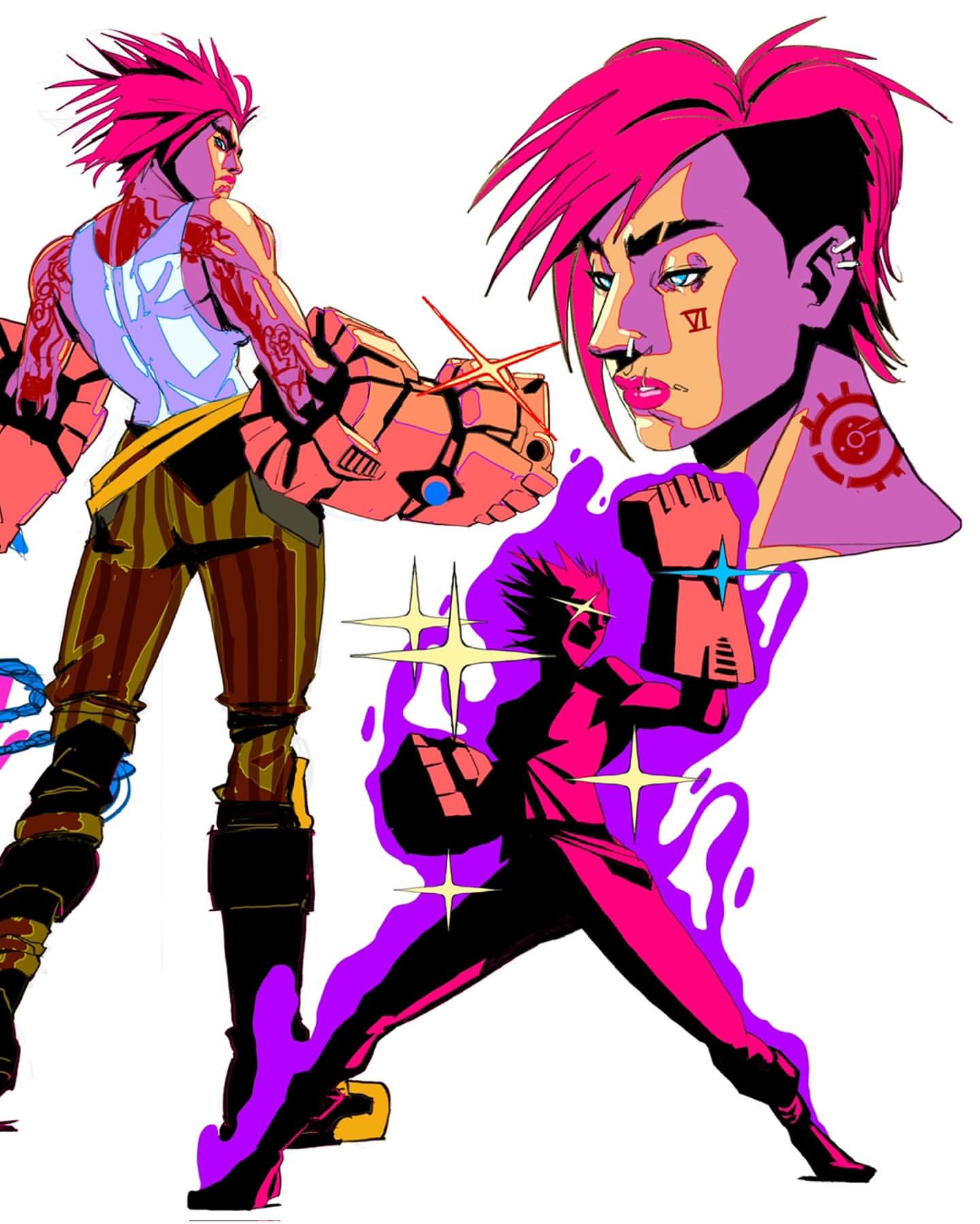 Illustration of Vi from Arcane: League of Legends with pink hair, tattoos, and mechanical gauntlets in a dynamic, colorful design.