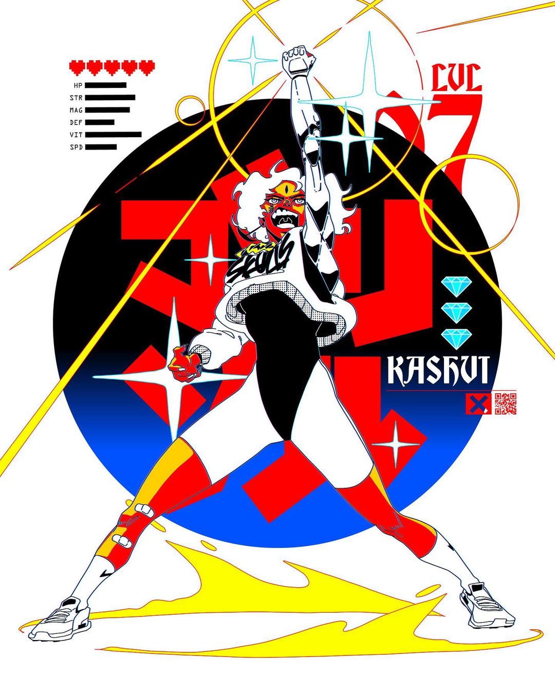 Illustration of a stylized red-skinned figure with white hair in a dynamic pose with graphic game elements, level, and text.