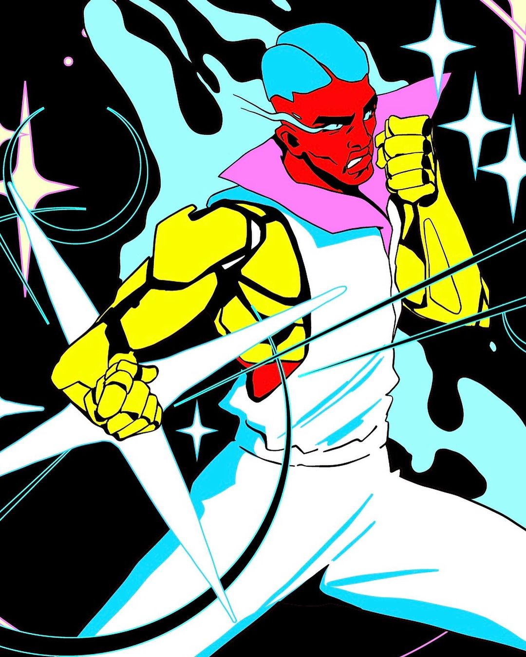 Illustration of a red-faced muscular man in a white shirt and yellow sleeves standing against a black background with star accents.