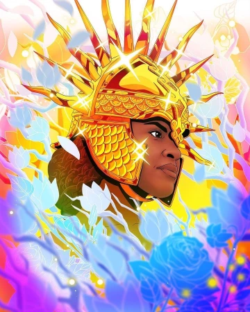 Illustration of a Black woman wearing a gold helmet surrounded by floral elements, set against a gradient background of orange, white, and purple.
