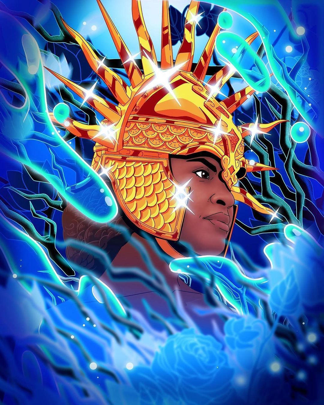 Illustration of a person wearing an ornate gold helmet, surrounded by stylized blue foliage and water elements on a blue background.