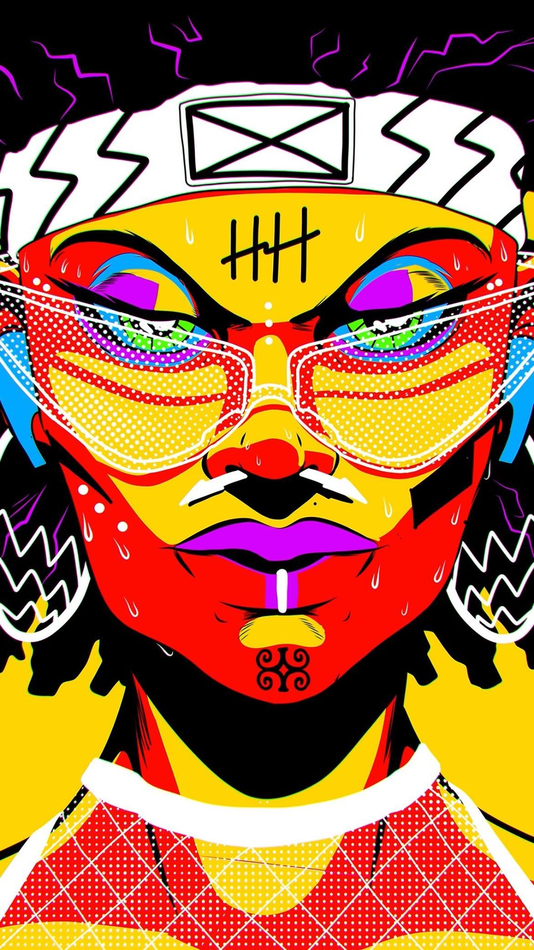 Illustration of a person with colorful geometric face paint, wearing yellow glasses and a patterned headband, against a yellow background.