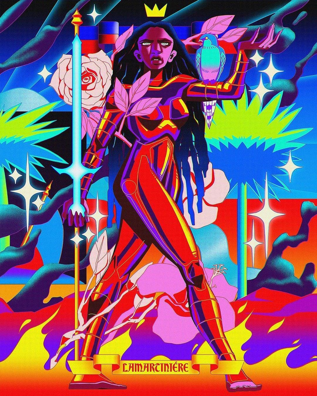 Illustration of a woman with dark hair and a golden crown holding a glowing sword, with a bird perched on her arm and a colourful background.