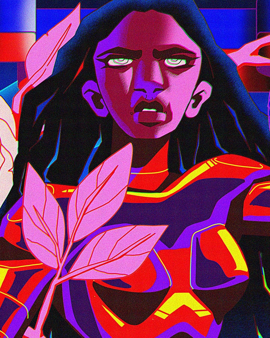 Illustration of a person with dark hair and a colorful outfit, holding a leafy branch against a geometric purple and blue background.