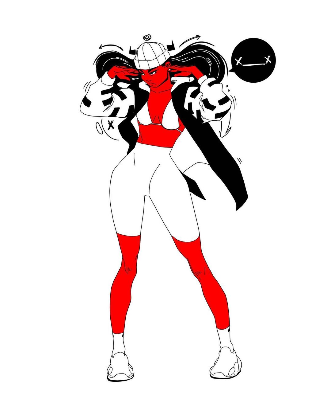 Red-skinned cartoon woman in beanie, shorts, and jacket strikes a confident pose on a white background in a modern, animated illustration.