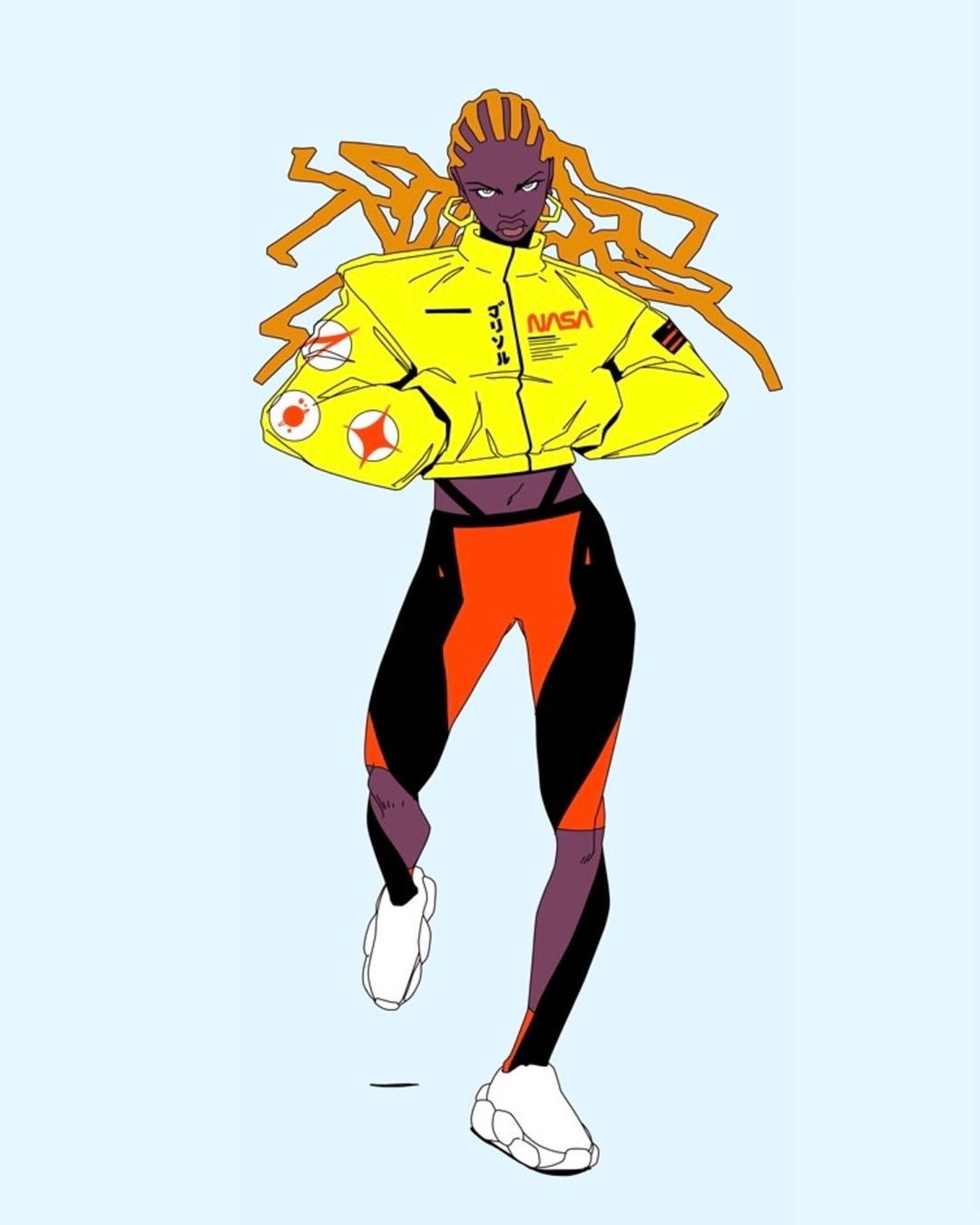 Illustration of a woman with long braids wearing a yellow jacket, orange and black leggings, and white sneakers against a light blue backdrop.