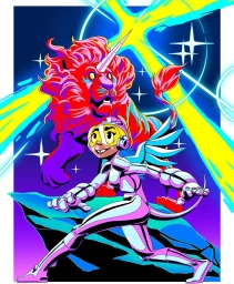 Vibrant illustration of a character in futuristic armor with winged helmet and a colourful mythical lion creature against a dark cosmic background.