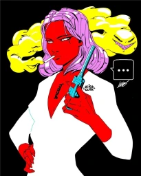 Illustration of a red-skinned woman with purple hair smoking a cigarette and holding a blue gun against a black background