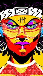 Vibrant pop-art illustration of a stylized figure with geometric sunglasses, red skin tones, and a patterned headband