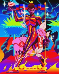 Vibrant illustration of a regal figure in metallic armor with pink flowers and a banner reading LOUVERTURE under a starry night sky.