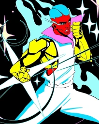 Digital illustration of a red skinned character in a fighting pose with blue hair and yellow armor against a black background.