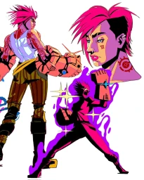 Character design illustration featuring a woman with bright pink hair and large mechanical gauntlets by Kervin Brisseaux.