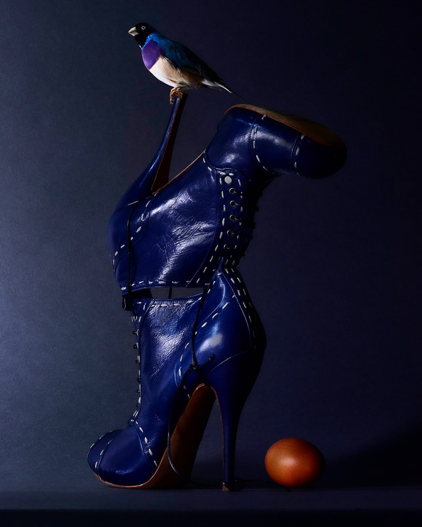 Artistic still life: vibrant blue stiletto boot with white stitching, a bird perched on top, and a brown egg in front, against a blue backdrop.