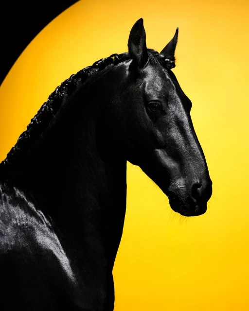 A black horse with a braided mane is captured in a dramatic close-up against a vibrant yellow background with a stark black accent.
