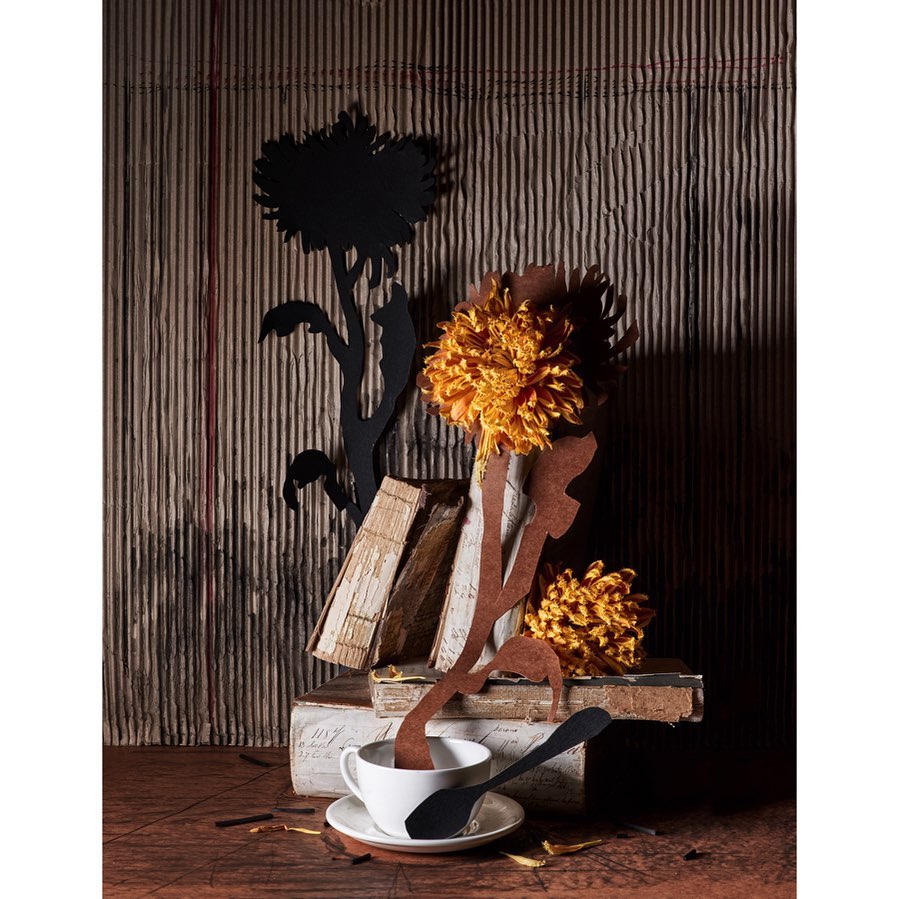Conceptual still life features a teacup with a spoon, surrounded by old books and silhouetted paper flowers against a textured background.