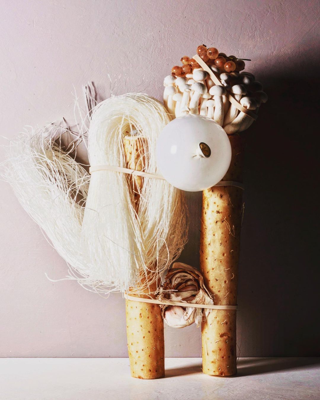 Still life food photography featuring rice noodles, enoki mushrooms, white balloon, and yam root held together with tan rubber bands.
