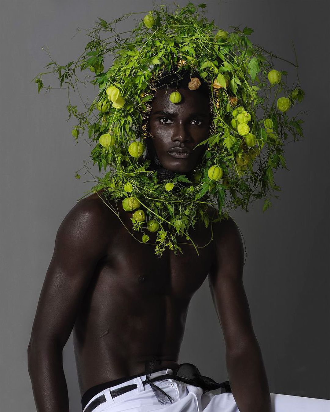 Striking image of a shirtless African male model adorned with vibrant green plants against a gray backdrop, showcasing unique fashion.