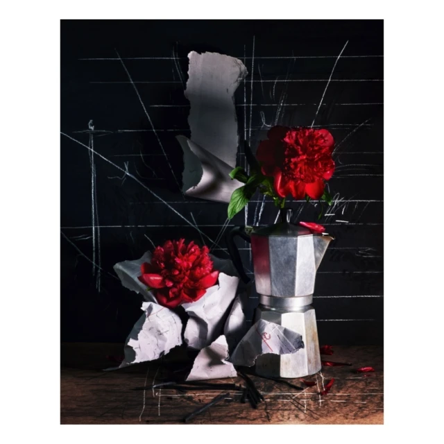 Still life photograph of a moka pot with a red peony flower, set against a dark background with white scribbled lines and paper.
