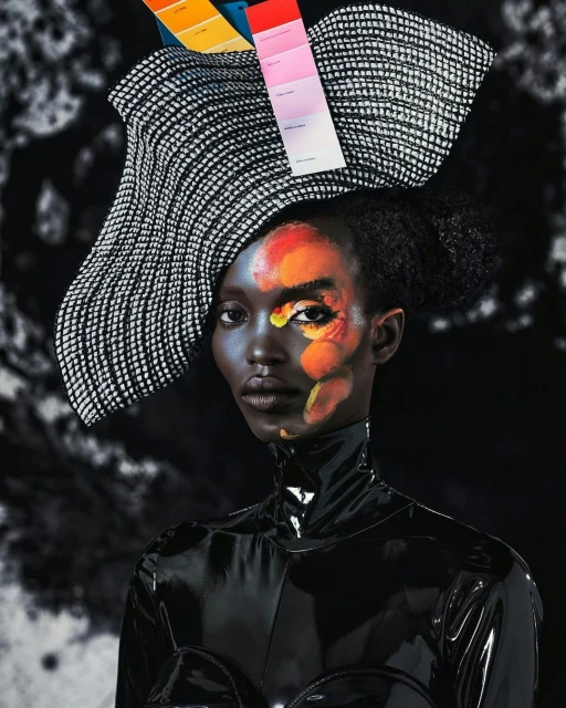 Artistic studio portrait of an adult female with vivid face paint, wearing a glossy black top and structural hat with color swatches.
