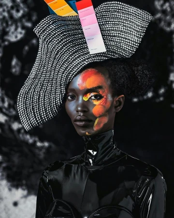 Artistic studio portrait of an adult female with vivid face paint, wearing a glossy black top and structural hat with color swatches.