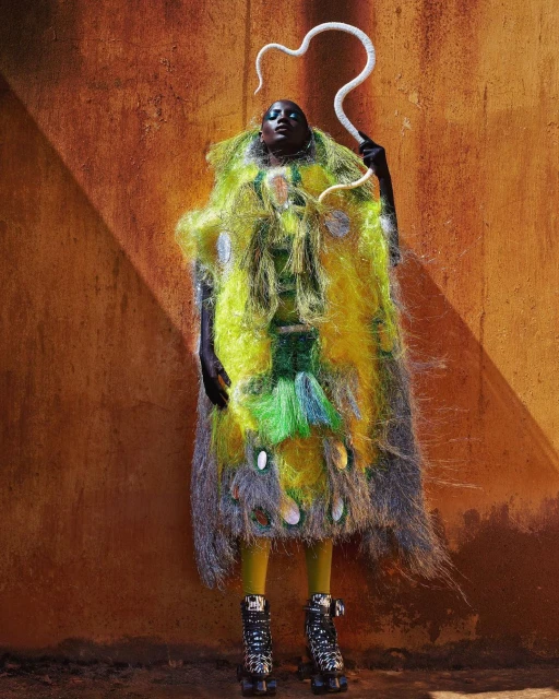 A striking full shot of an African woman in a feather-like gown and roller skates, posed against a textured reddish-brown wall.