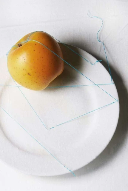 Studio shot of a yellow peach sitting on a white plate, connected by light blue thread, set against a white background.