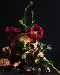 A human skull adorned with red poppy flowers, green buds, a butterfly, and objects against a black background.