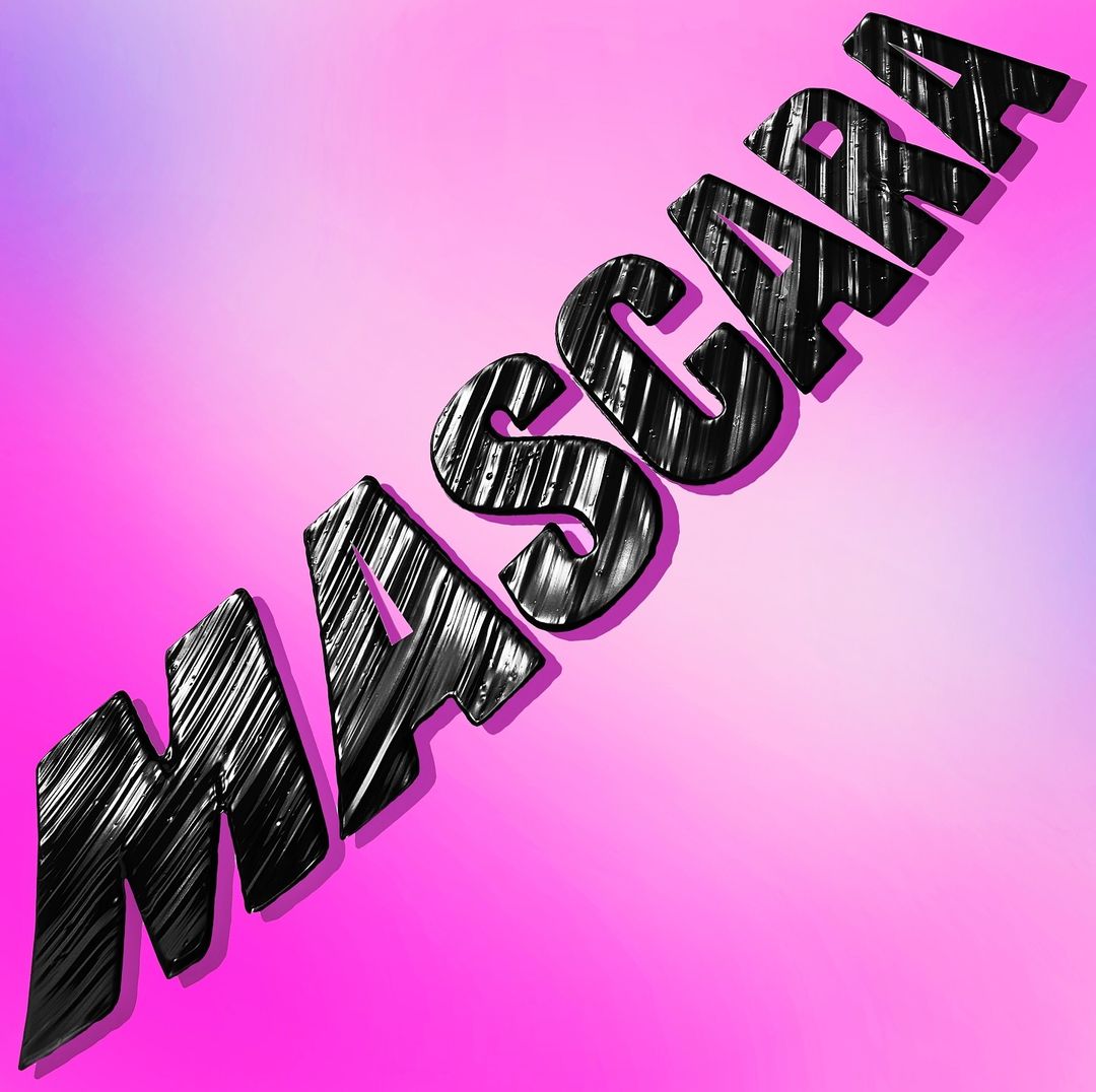Mascara product name displayed in glossy black outlined font, diagonally, on a bright gradient pink and lavender background.