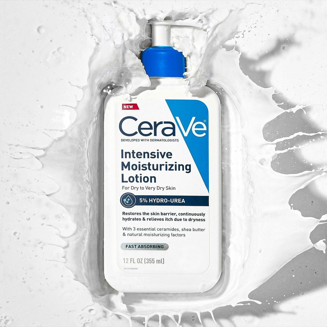CeraVe Intensive Moisturizing Lotion bottle with pump against white splash background. For dry to very dry skin. Dermatologist tested.