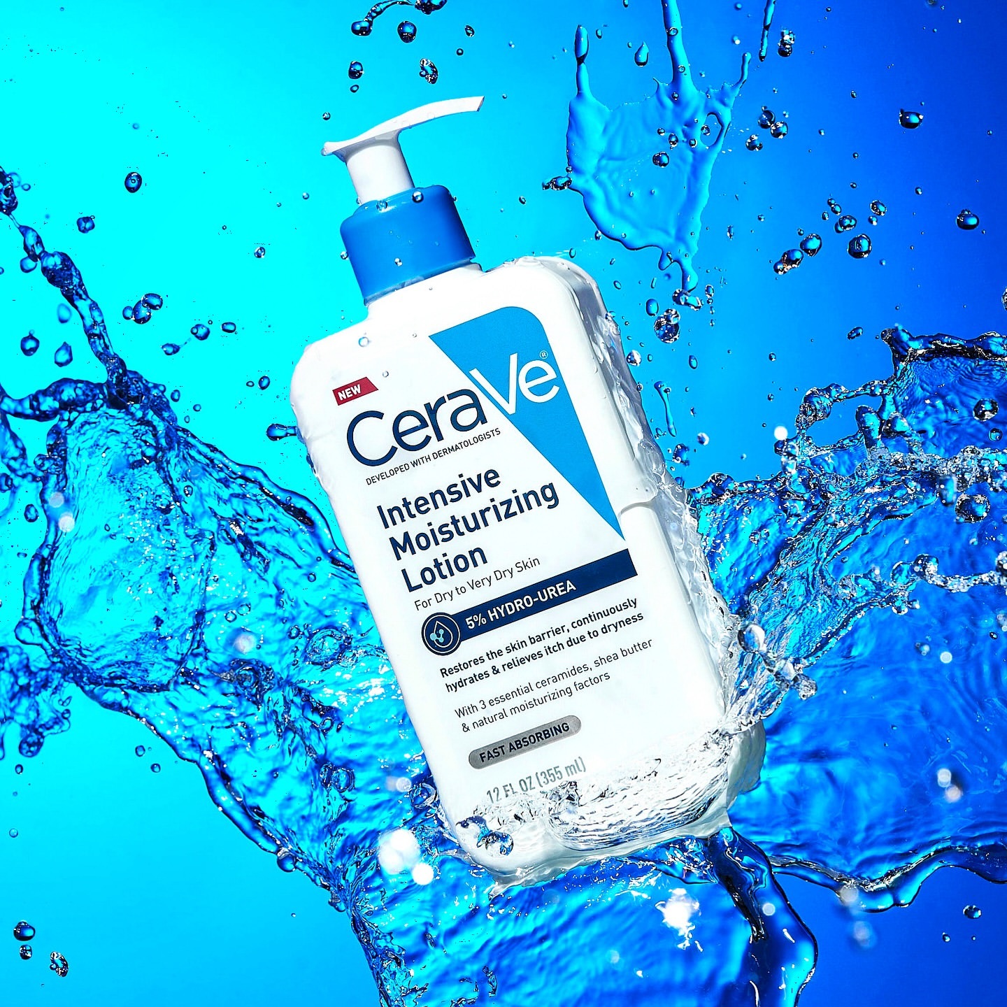 Cerave moisturizing lotion bottle, white with blue cap, surrounded by water splashes against a vibrant blue gradient background.