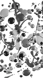 Monochrome paint droplets and fluid splatters suspended in mid-air against a bright white background