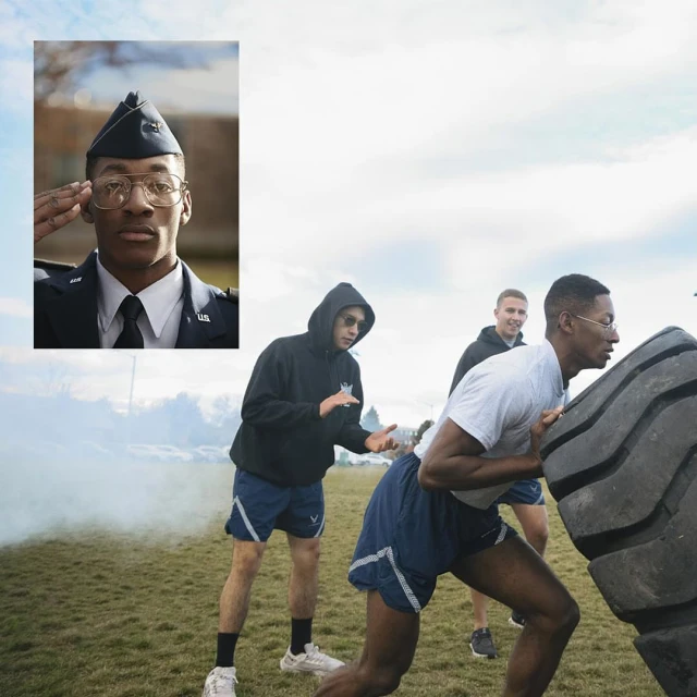 Four men are outdoors on a grassy field, one man is pushing a large black tire while others observe in daylight. The man in uniform salutes.