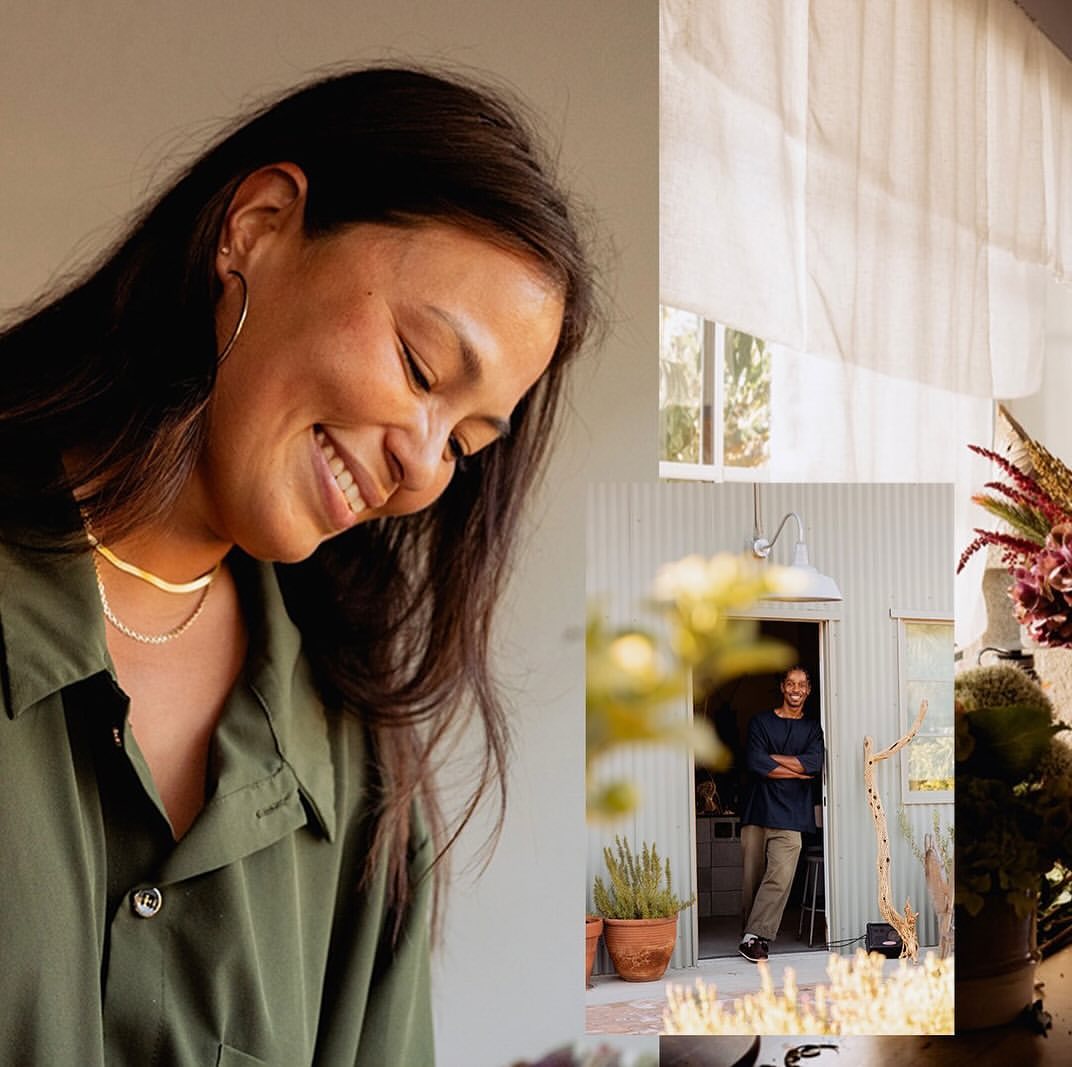 Close-up portrait of smiling woman in green shirt with gold necklace alongside inset scene of man standing in doorway