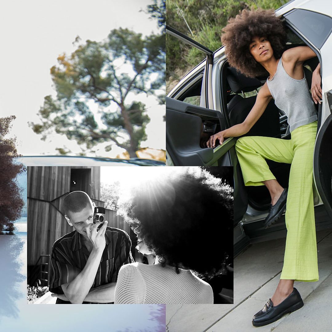 Collage of fashion photography by Kevin Zacher featuring a model stepping out of a car and a couple outdoors.