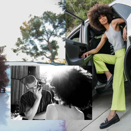 Collage of fashion photography by Kevin Zacher featuring a model stepping out of a car and a couple outdoors.