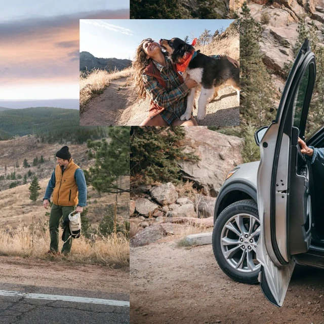 Scenic outdoor collage with woman and dog, man near roadway, SUV on dirt path, and mountain vista at sunset.