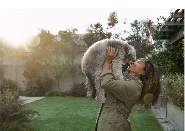 Woman in olive jacket smiles while holding gray poodle outdoors in natural lighting with greenery in the background on a sunny day.