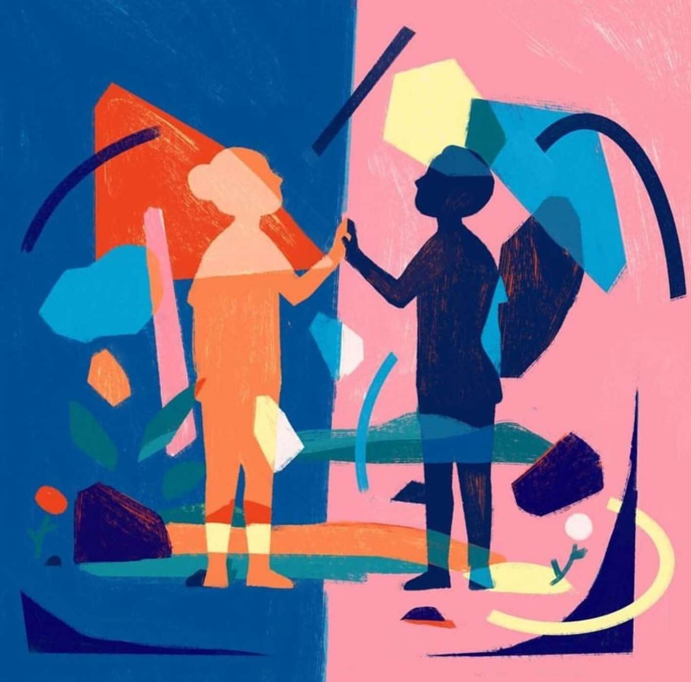 Illustration of two silhouetted figures reaching towards each other against abstract blue and pink backgrounds with colorful geometric shapes.