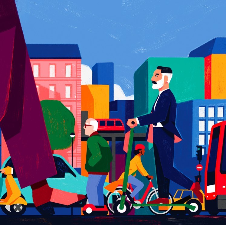 Illustration depicting people commuting via scooter, bike and public transport among colourful buildings on a sunny day.