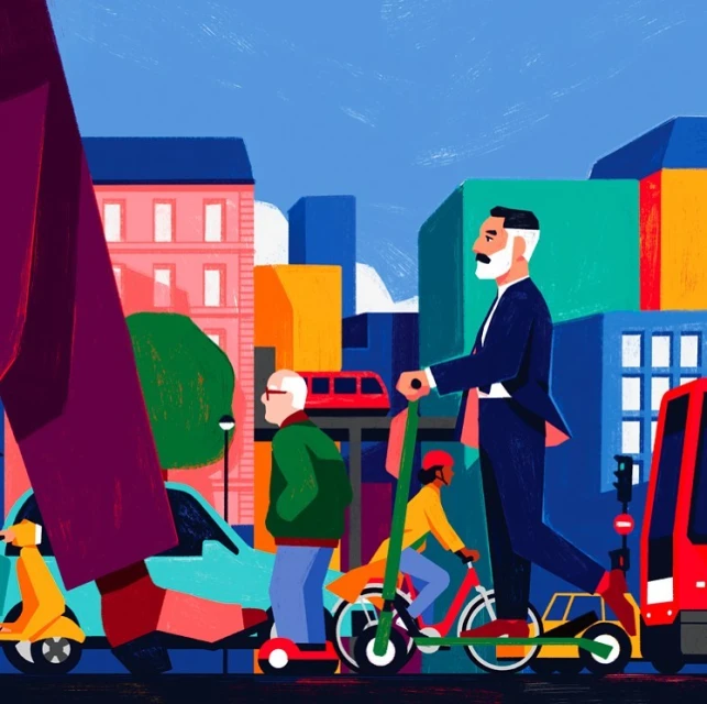Illustration depicting people commuting via scooter, bike and public transport among colourful buildings on a sunny day.