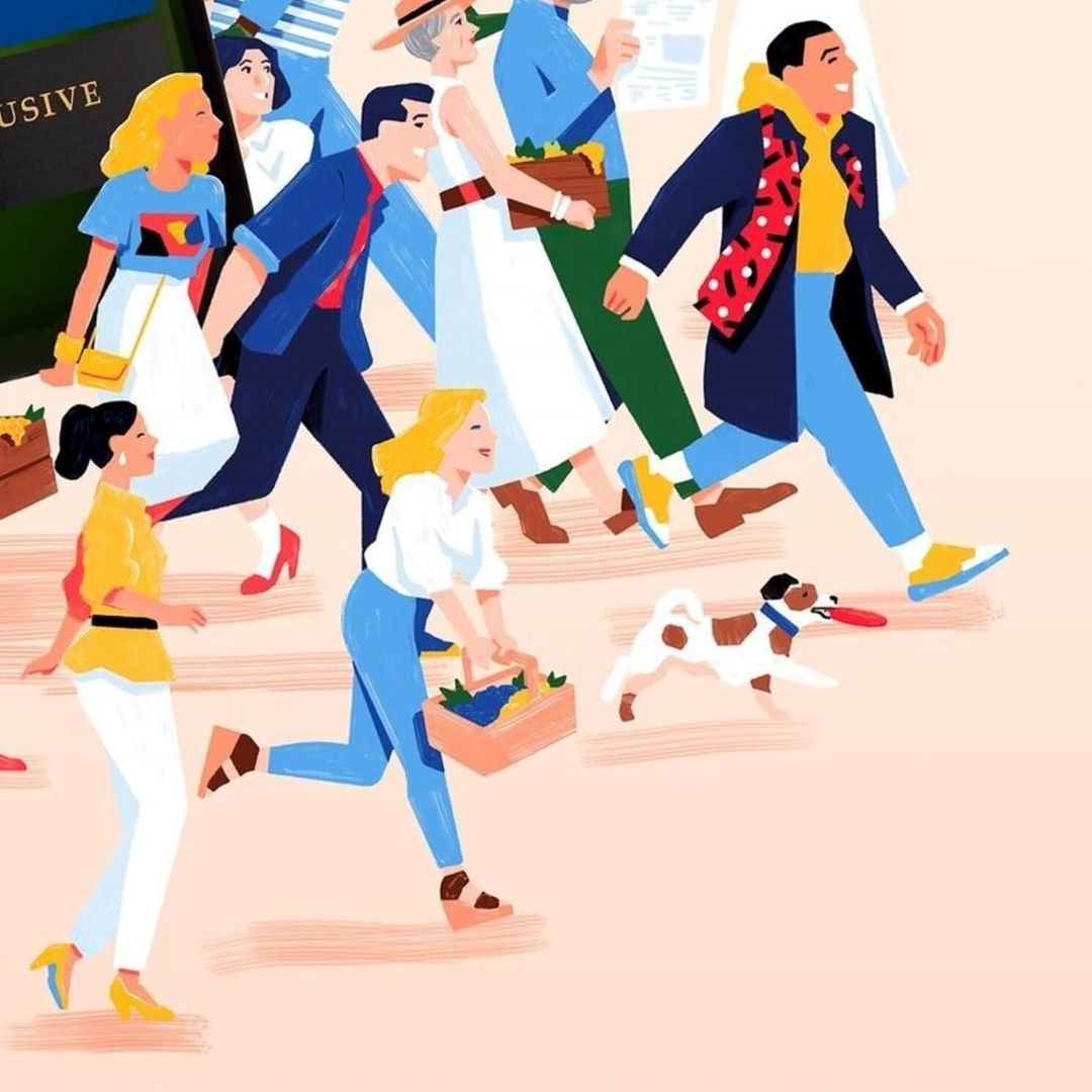 Illustration of a diverse group of people and a dog walking and carrying market goods; sunny day, vibrant colors, and dynamic composition.