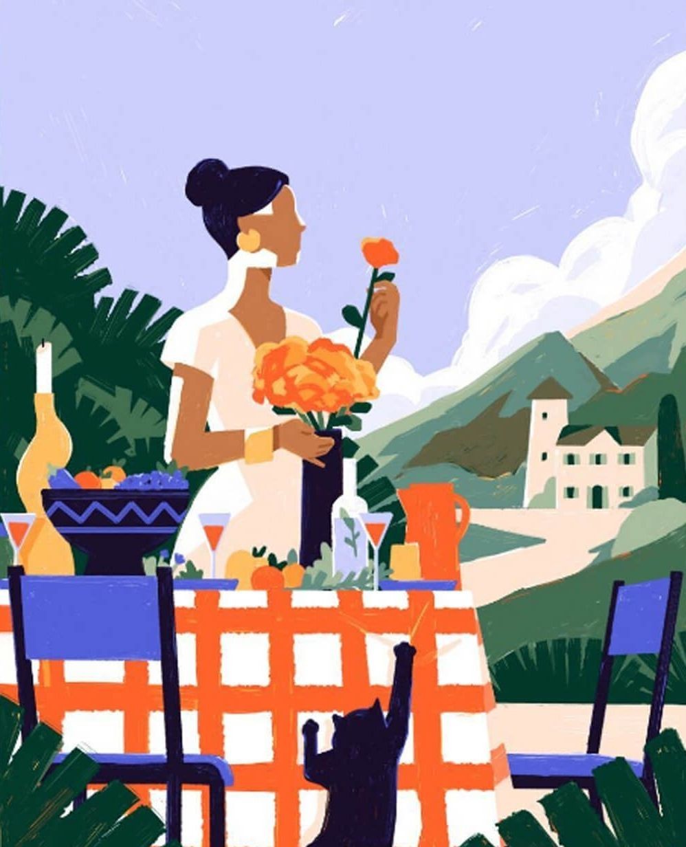 Illustration of woman holding flowers at outdoor table with fruit, wine, cat, and mountains in the background, against a blue sky.