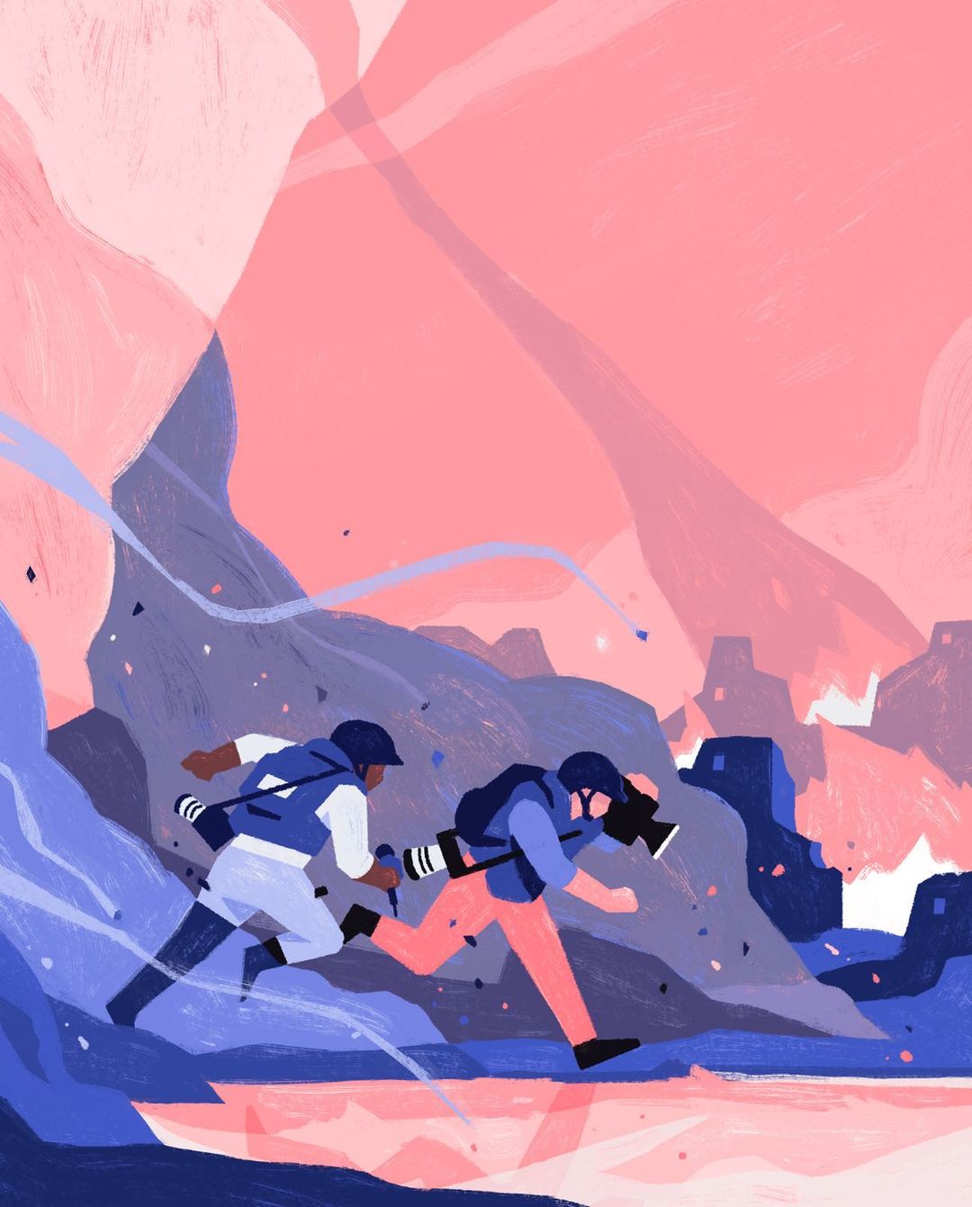 Illustration of two figures running through a mountainous landscape, one with a camera and backpack, under a dynamic sky with abstract elements.