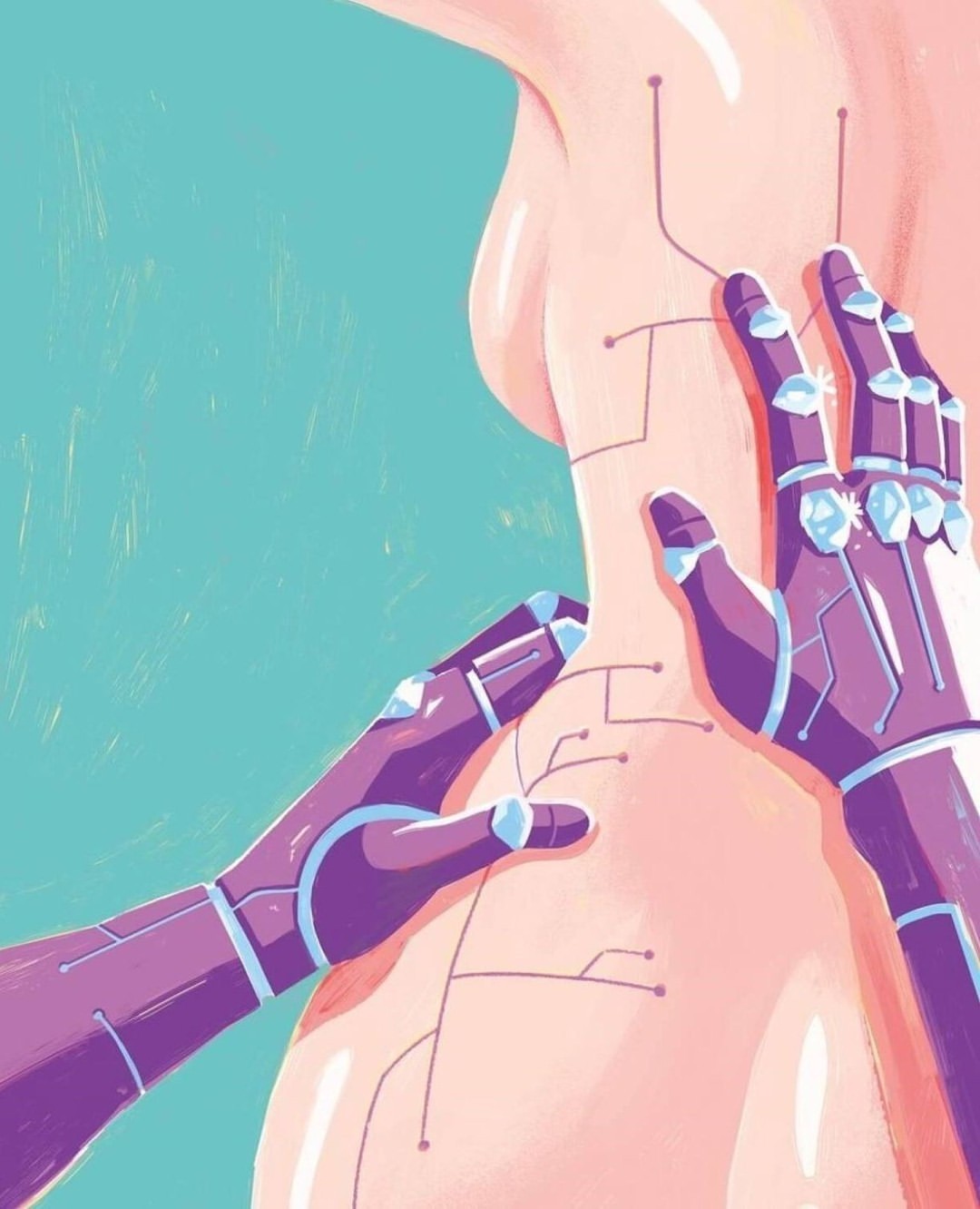 Illustration of the upper body of a person with robotic hands touching their back and shoulders, all against a turquoise background.
