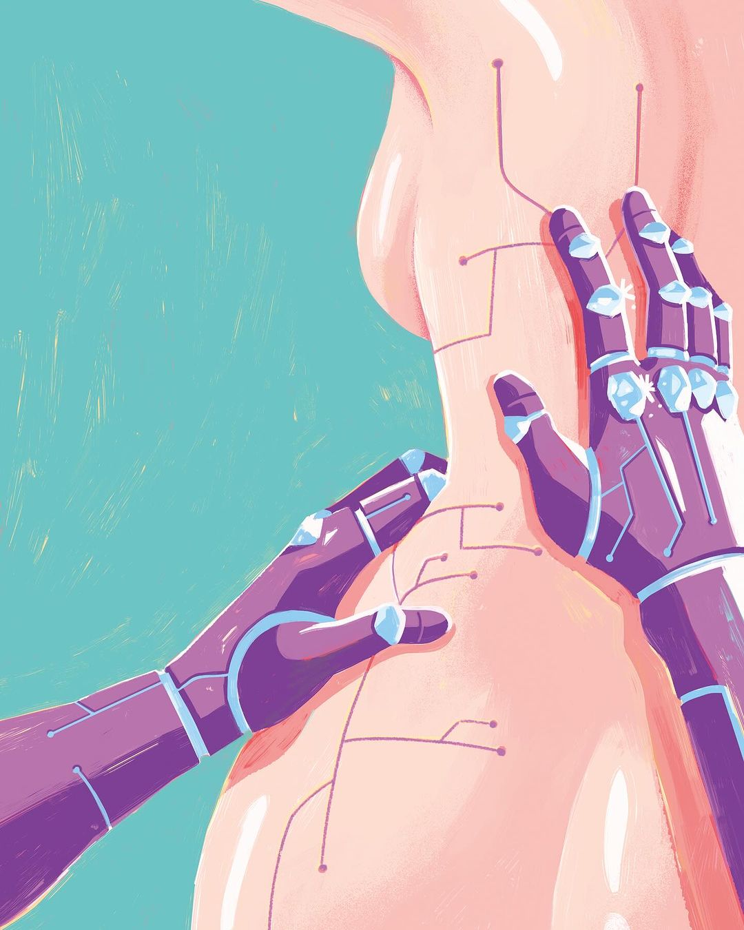 Illustration of human upper body touched by two robotic arms, depicted with clean lines and a teal background.